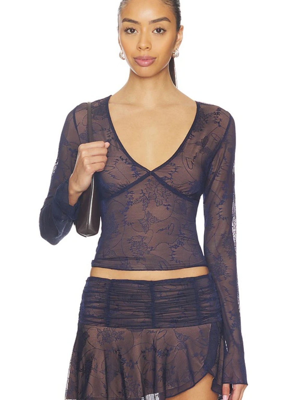 New I.AM.GIA Yvette Top Midnight Sheer Lace Long Sleeve Size S NWT